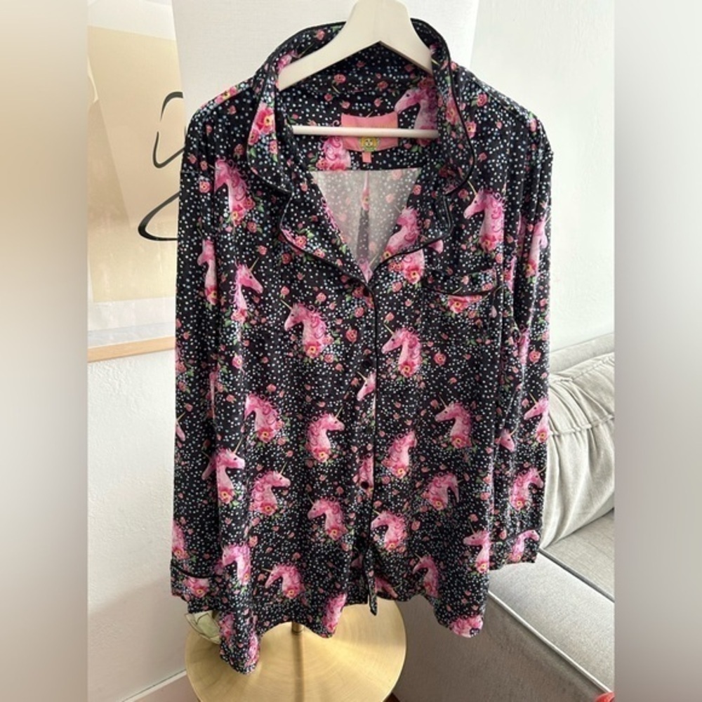 Velvet Black Pink  Floral Whimsy Sleep Shirt Coquette  Oversized  XL unicorn - Picture 4 of 13